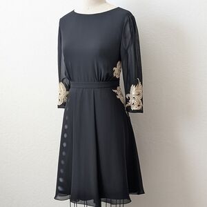 Ted Baker London Gaenor Embroidered 3/4 Sleeve Black Georgette Mini Dress US 10